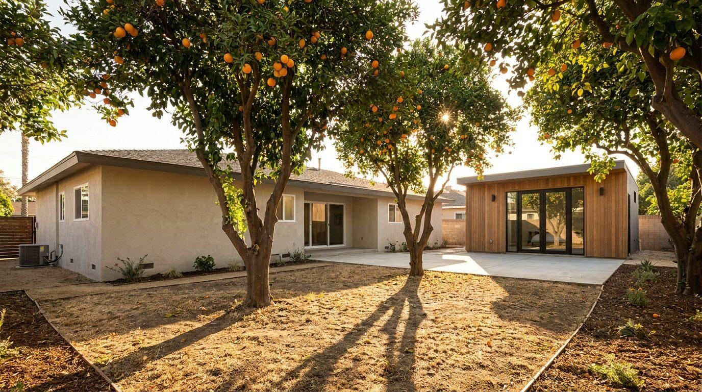 Anaheim West flat-lot postwar home with a new detached ADU and orange trees, late afternoon sun.