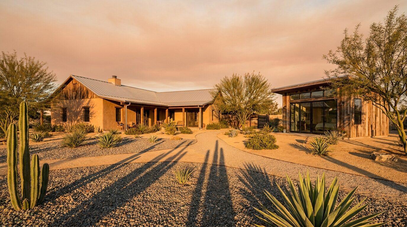 Bakersfield large-lot ranch with a new detached ADU, desert landscaping and long afternoon shadows.