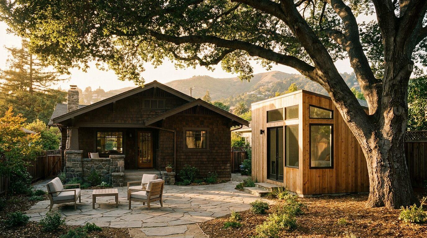 Berkeley backyard ADU with cedar siding and a mature coast live oak shading a patio, hills in background.