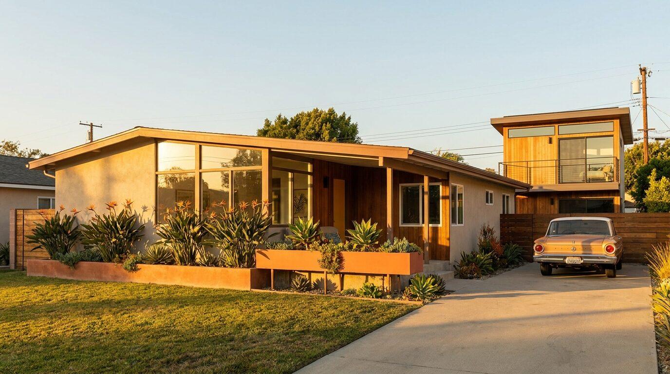 Burbank postwar ranch home with a new detached ADU on a deep lot, mid-century planters and birds-of-paradise.