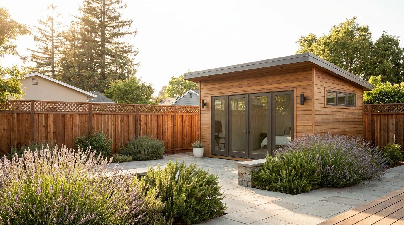 Fremont subdivision backyard with a new 1,200 sq ft detached ADU, mature redwood fence line and private entry path.