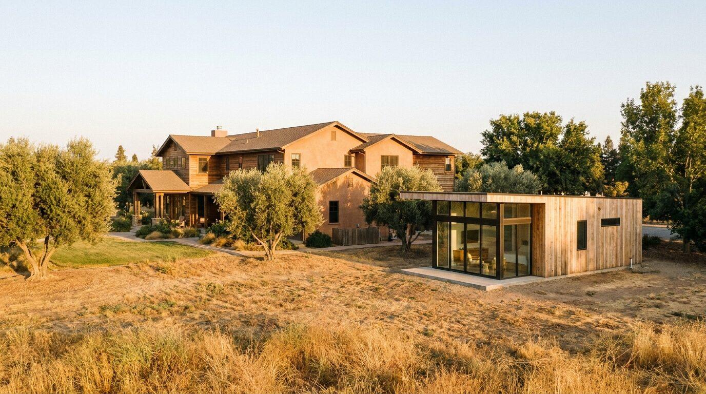 Fresno large-lot ranch home with a new detached ADU, olive trees and late-summer golden light.