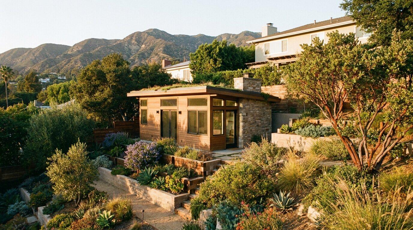 Glendale hillside backyard with a small detached ADU stepped into the slope, Verdugo Mountains in background.