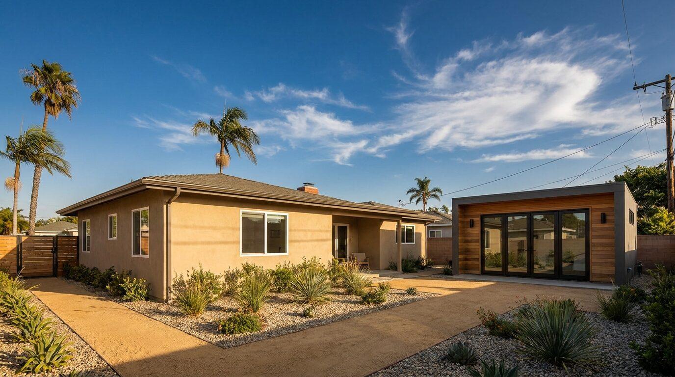 Huntington Beach single-story ranch with a new detached ADU in the rear, palms and ocean breeze.