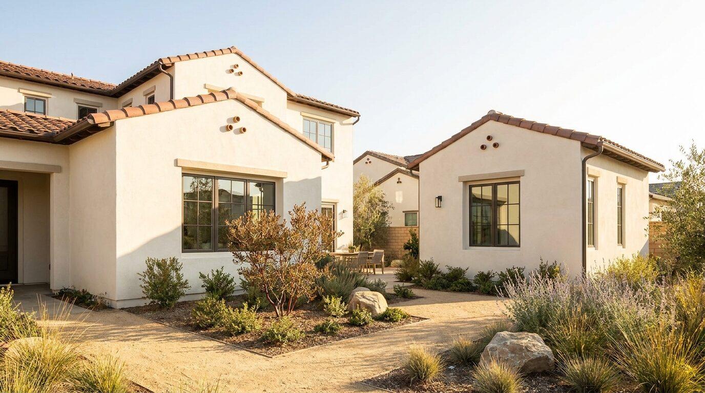 Irvine master-planned home with a new detached ADU matching the main stucco and tile roof, minimal California native landscape.