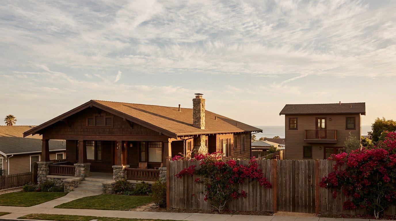 Long Beach craftsman bungalow with a new detached ADU and bougainvillea over a wooden fence, coastal sky.