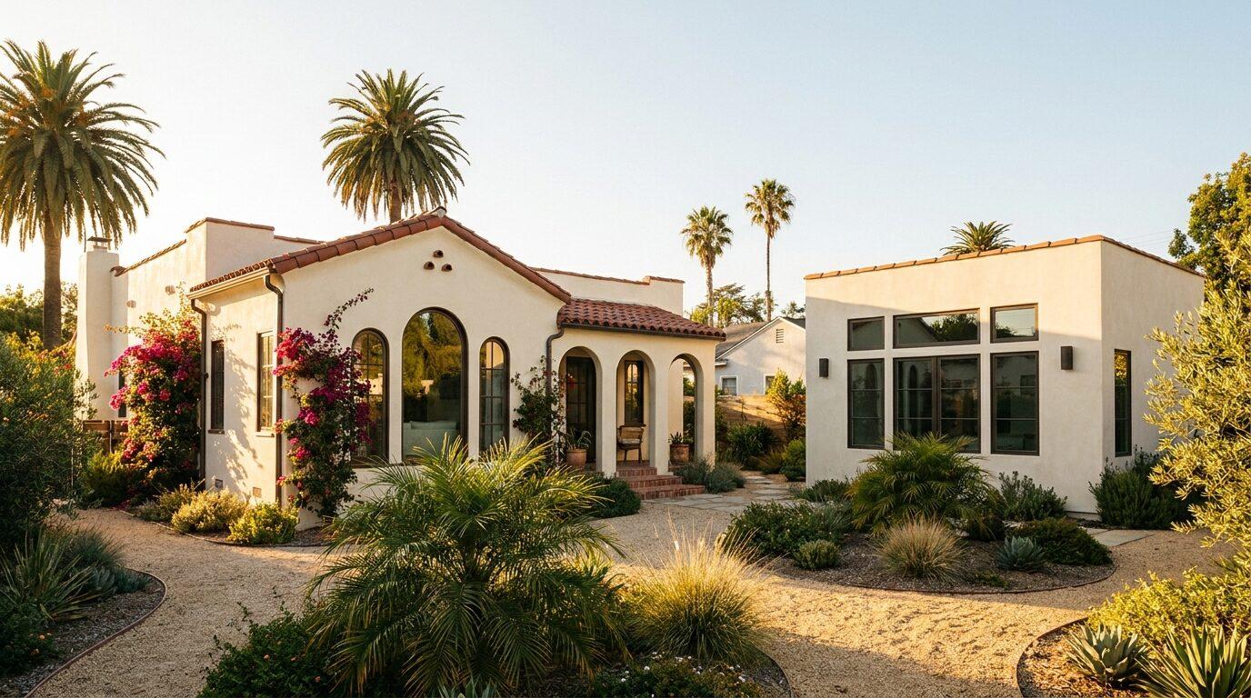 Los Angeles Mid-City bungalow with a new detached ADU in the backyard, palm trees and afternoon sun.