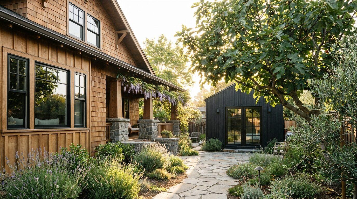 Sunlit backyard of a craftsman-style Oakland home with a modern detached ADU behind, fig tree and garden path.