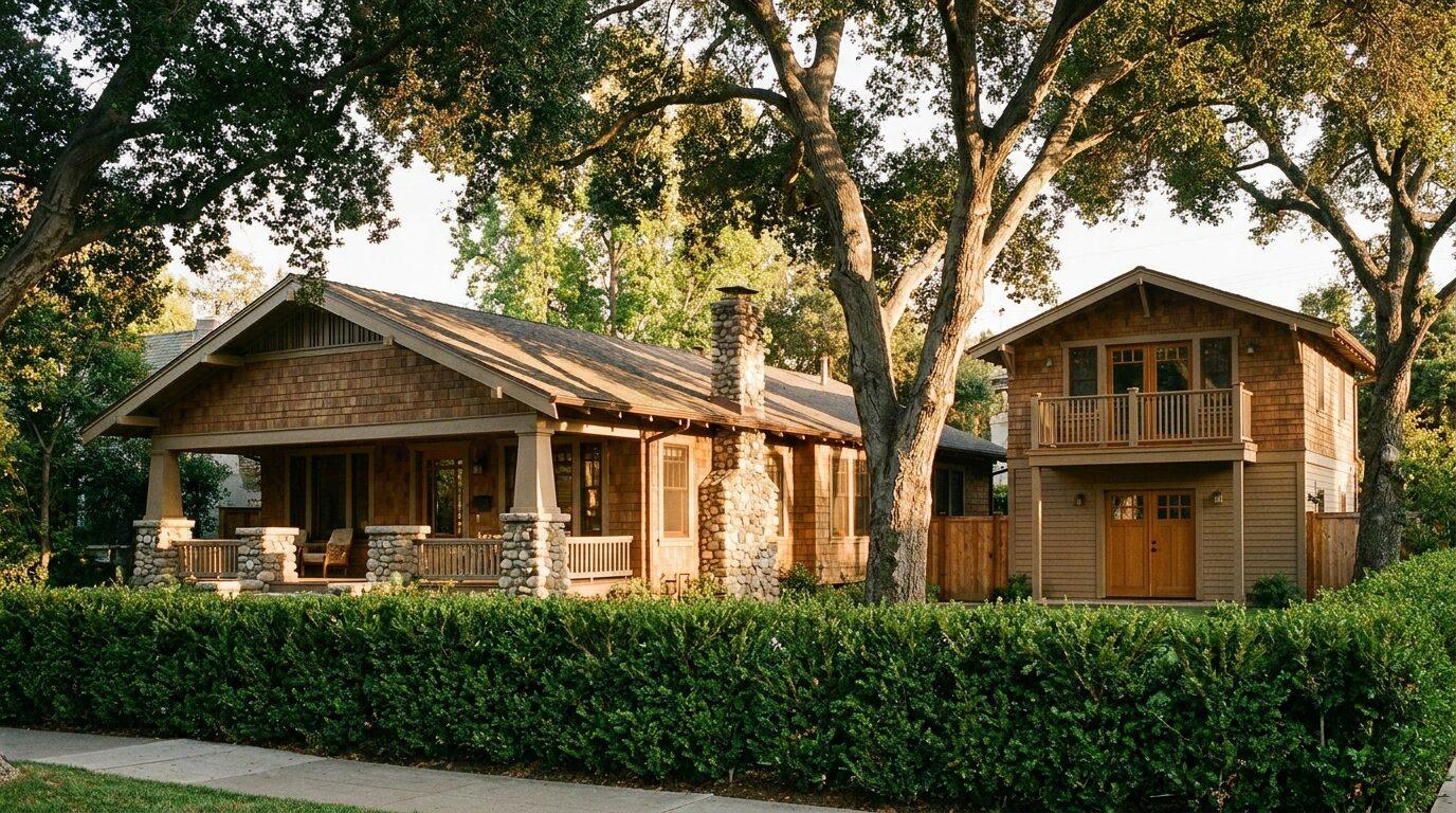 Pasadena bungalow primary home with a new detached craftsman-style ADU in the rear, mature oaks and boxwood hedge.