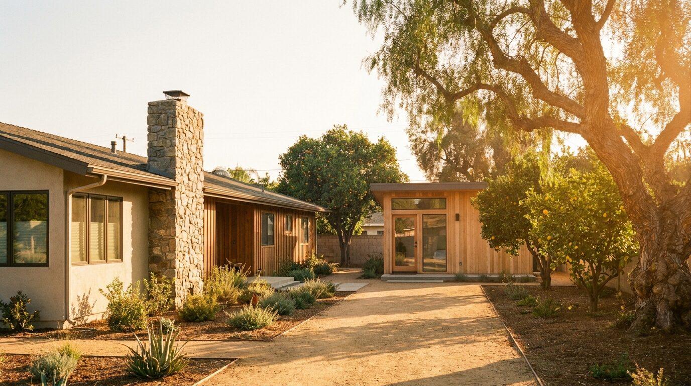 Riverside postwar ranch on a large lot with a new detached ADU, citrus trees and pepper tree shade.