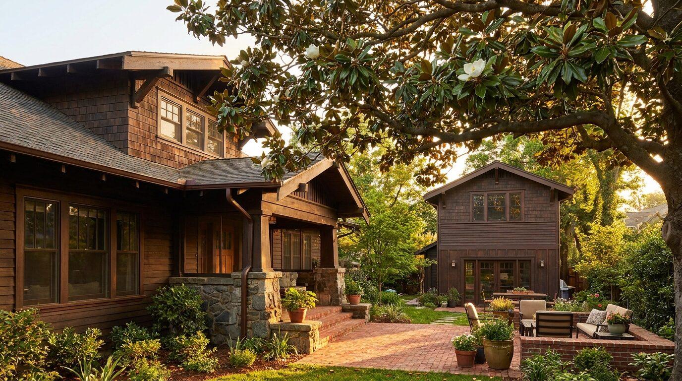 East Sacramento craftsman home with a new detached two-bedroom ADU in the back yard, mature magnolia tree overhead.