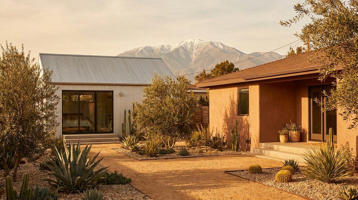 San Bernardino flat-lot ranch home with a new detached ADU, desert landscaping and Mt. San Gorgonio in the distance.