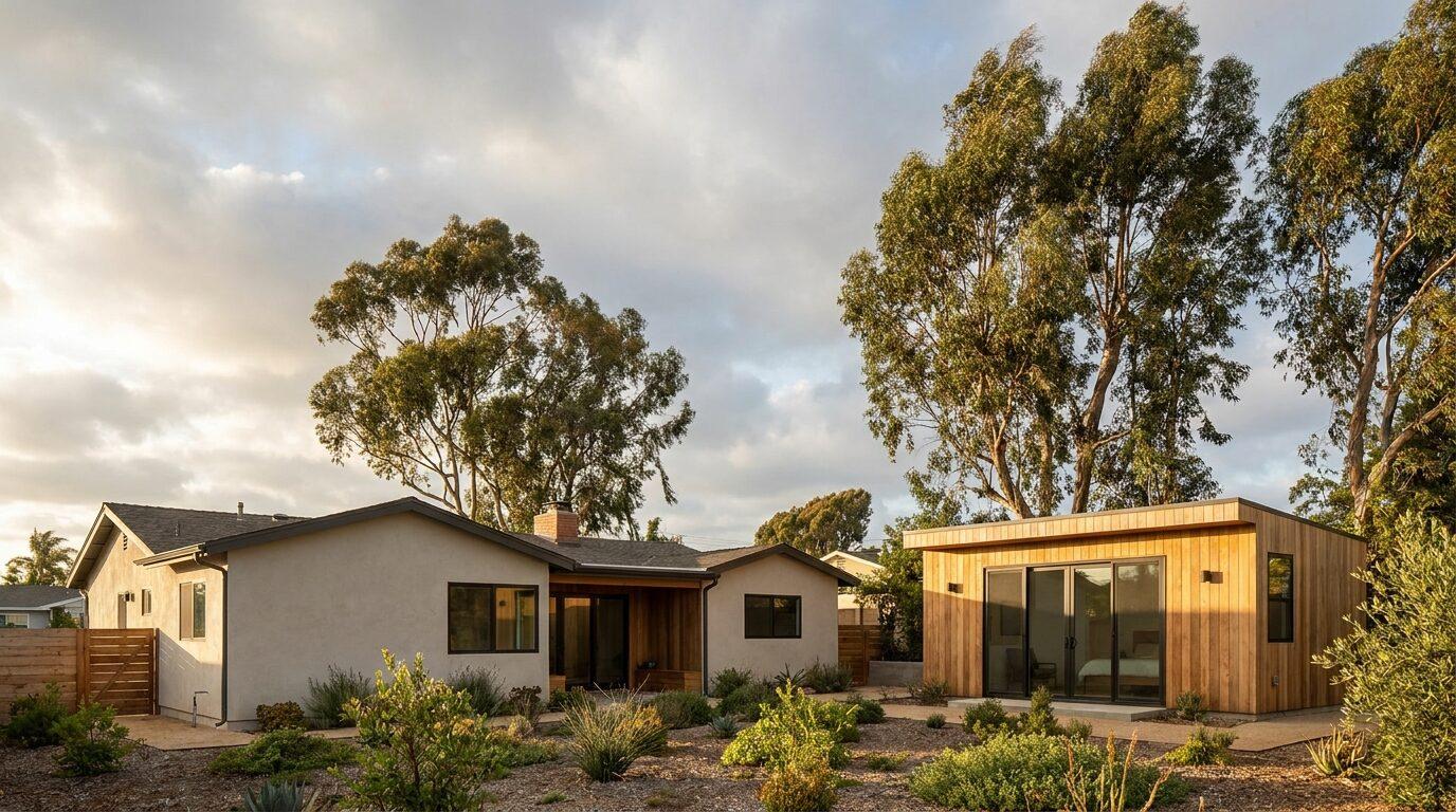 San Diego Clairemont postwar home with a new detached ADU, eucalyptus trees and marine-layer sky.