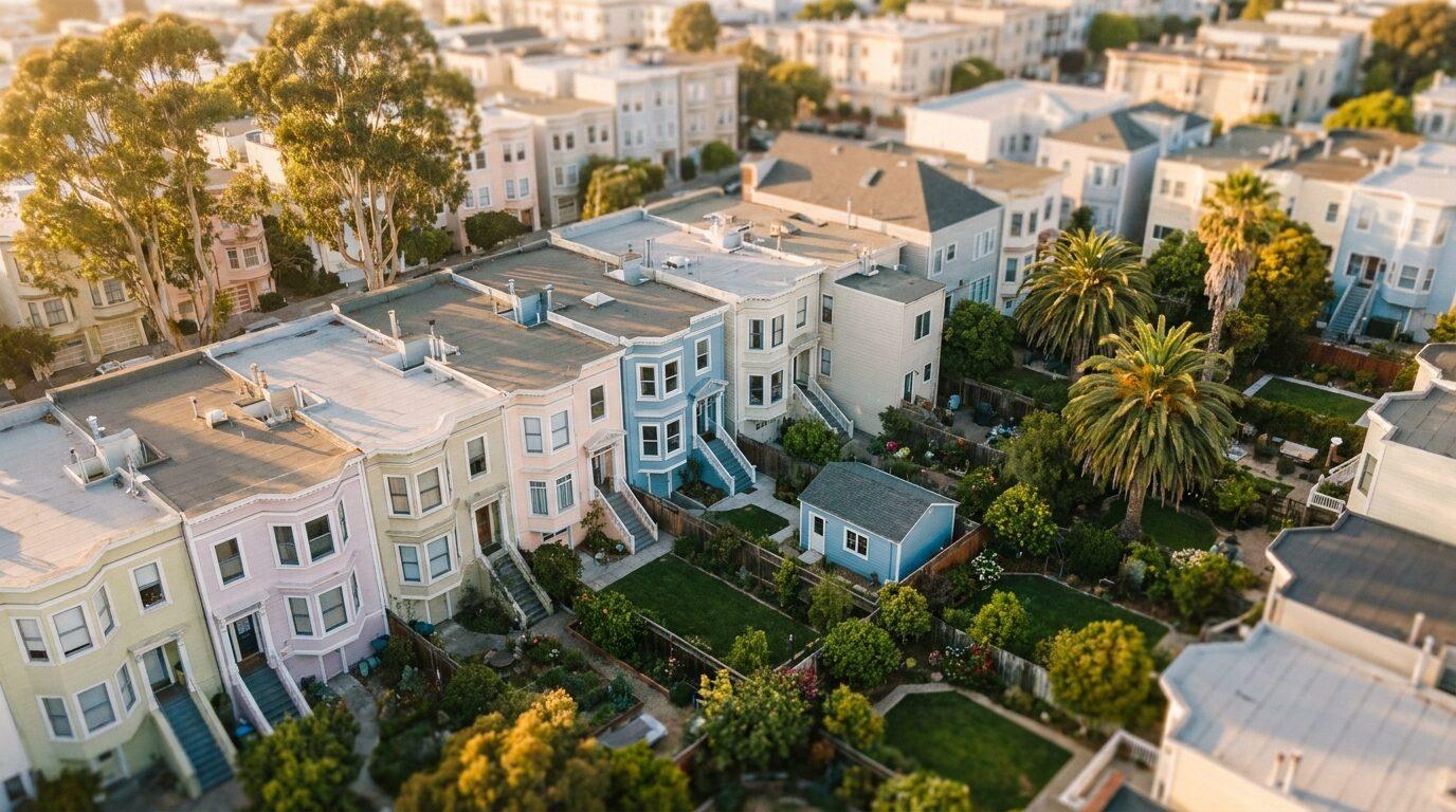 Aerial view of a San Francisco residential block with rowhouses and small backyard ADUs, late-afternoon light on bay windows.