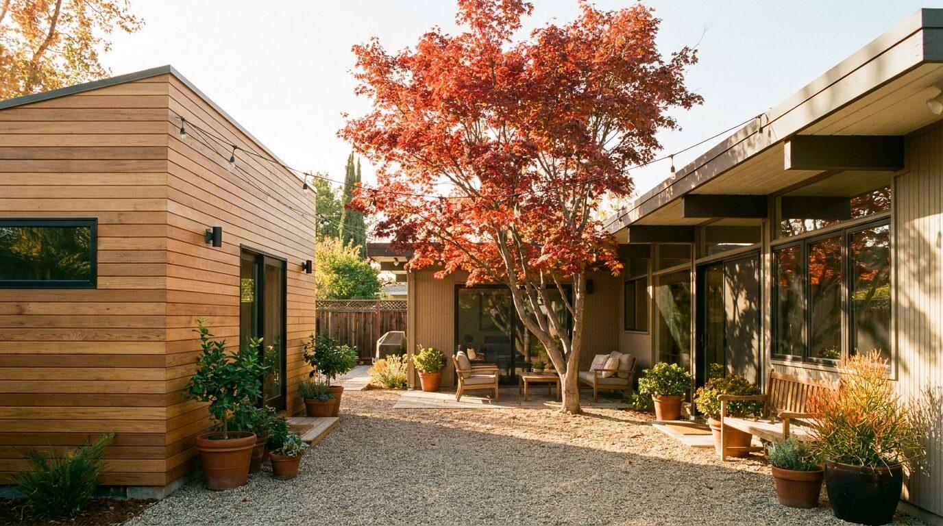 Willow Glen suburban backyard with a new detached ADU clad in horizontal siding, pea gravel patio and Japanese maple.