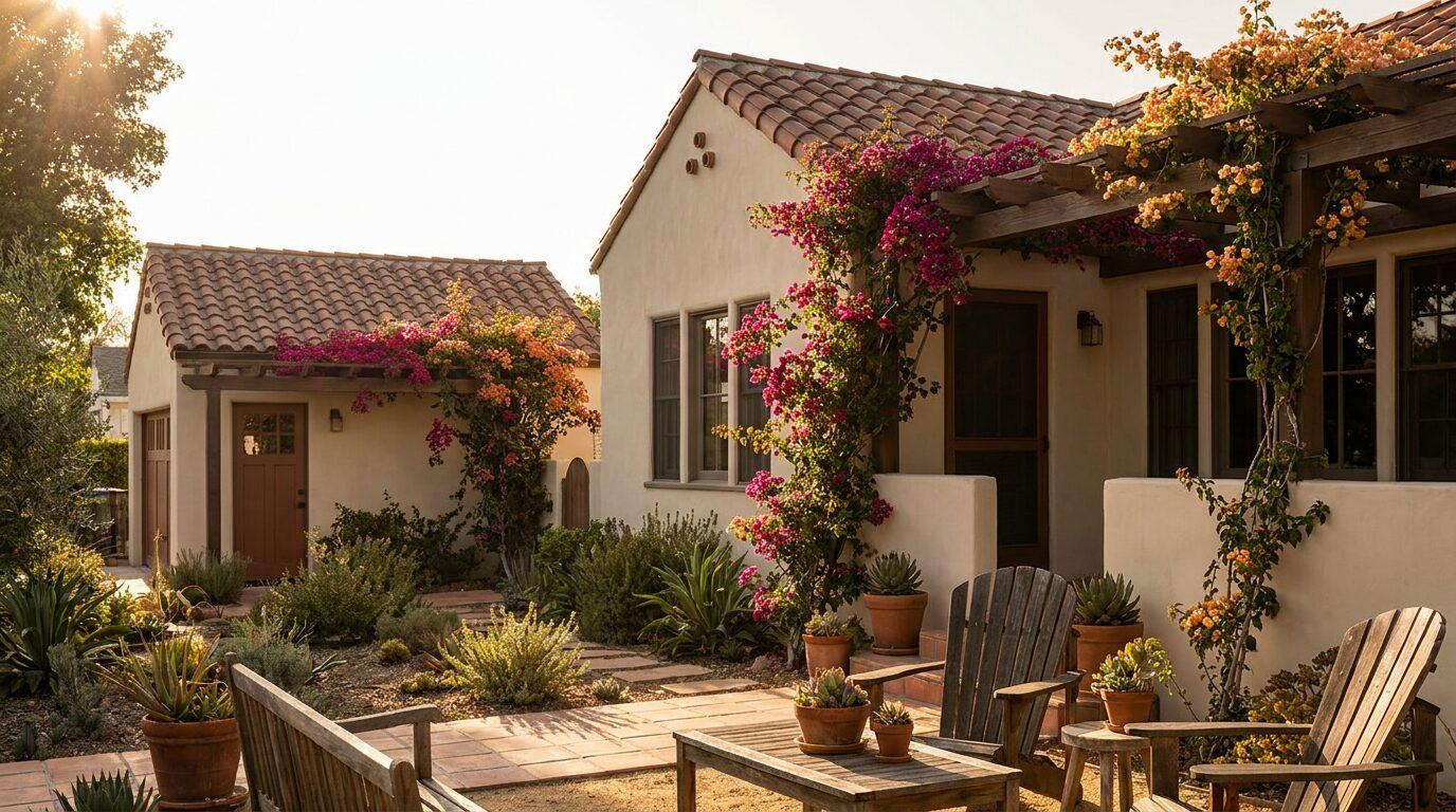 Santa Ana Spanish revival bungalow with a converted detached garage now serving as an ADU, bougainvillea overhead.