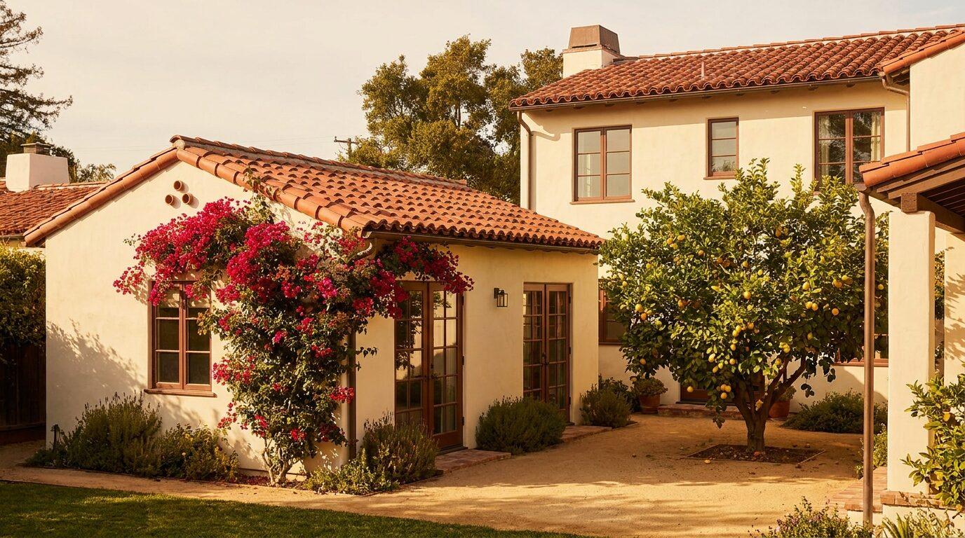 Santa Barbara Spanish-revival home with a new detached ADU in the rear, tile roofs and bougainvillea.