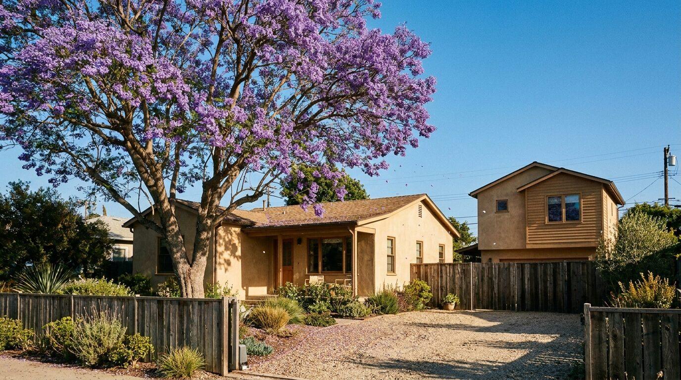 Santa Monica single-family lot with a detached ADU in the rear, blue-sky afternoon, blooming jacaranda.