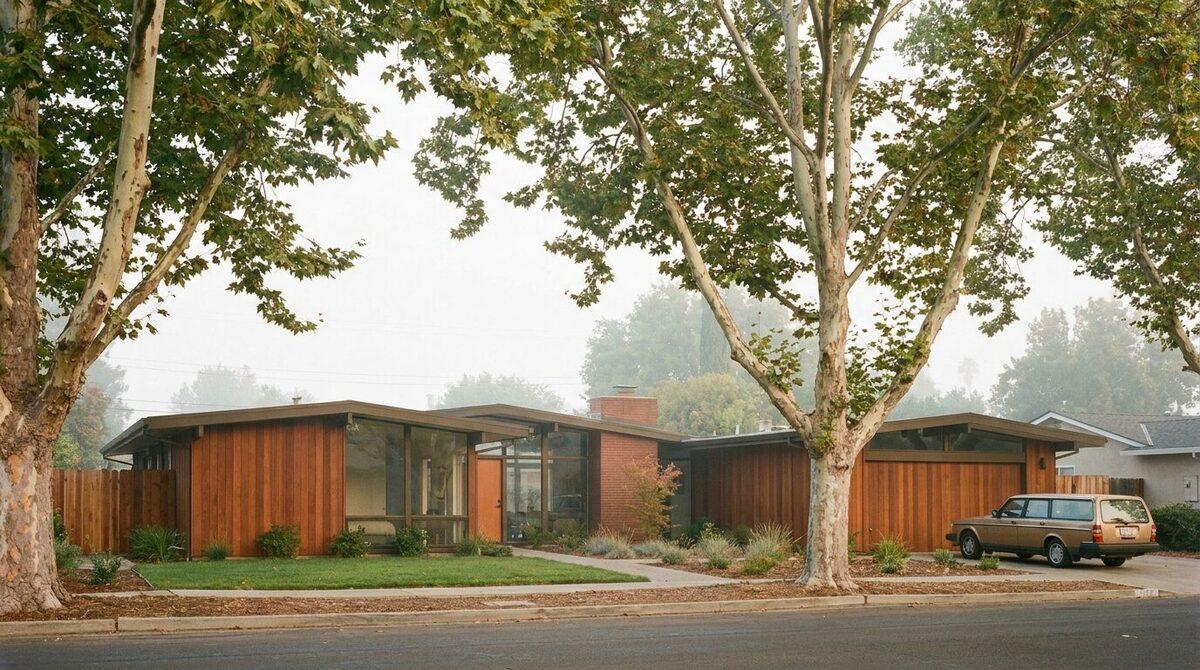 Stockton mid-century ranch with a new detached ADU, Delta-area sycamores and morning fog.