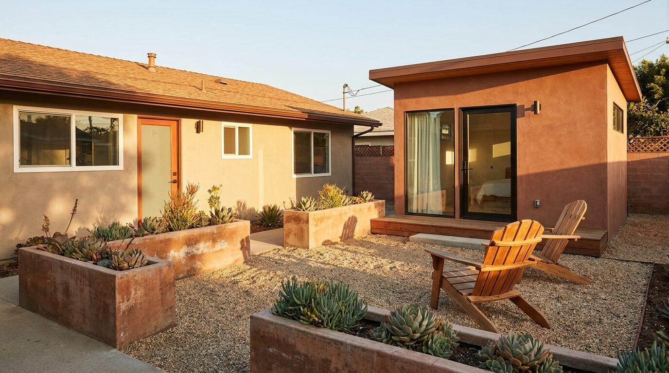 Torrance Southwood postwar ranch home with a new detached ADU, mid-century planters and a private patio.