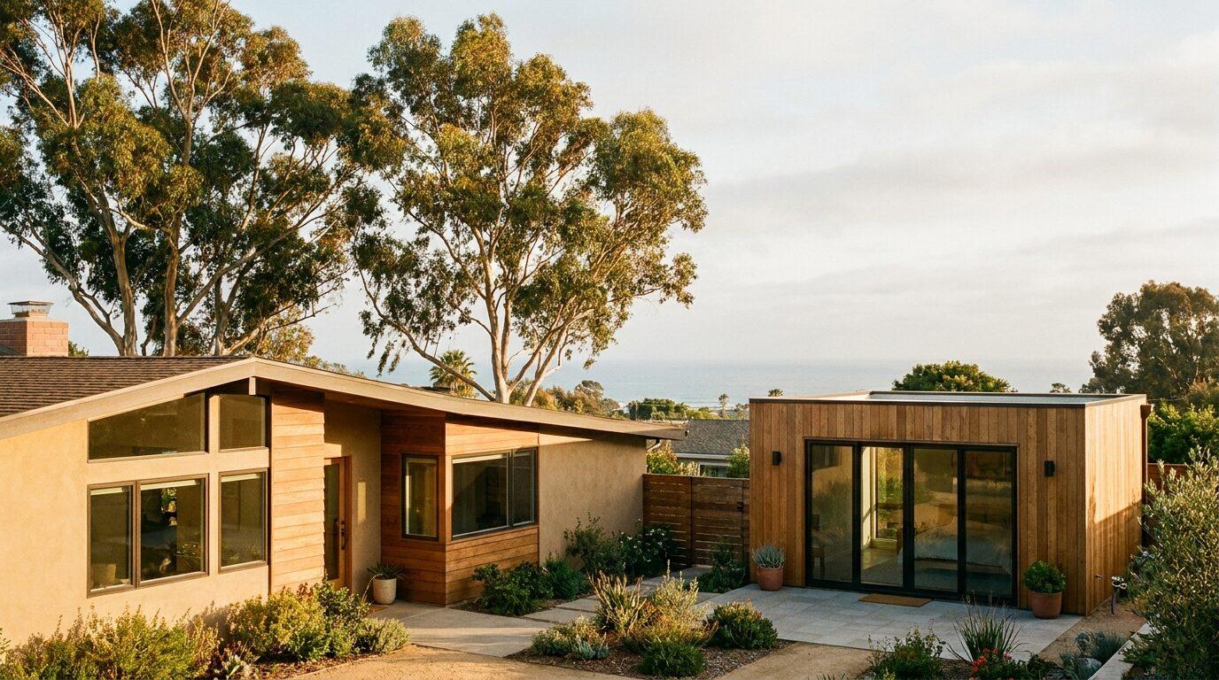 Ventura postwar ranch with a new detached ADU in the back, ocean glimpse and eucalyptus trees.